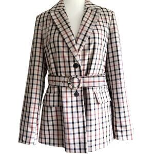 VERO MODA Check Plaid Belted Blazer Jacket Preppy Academia Classic Beige Red S